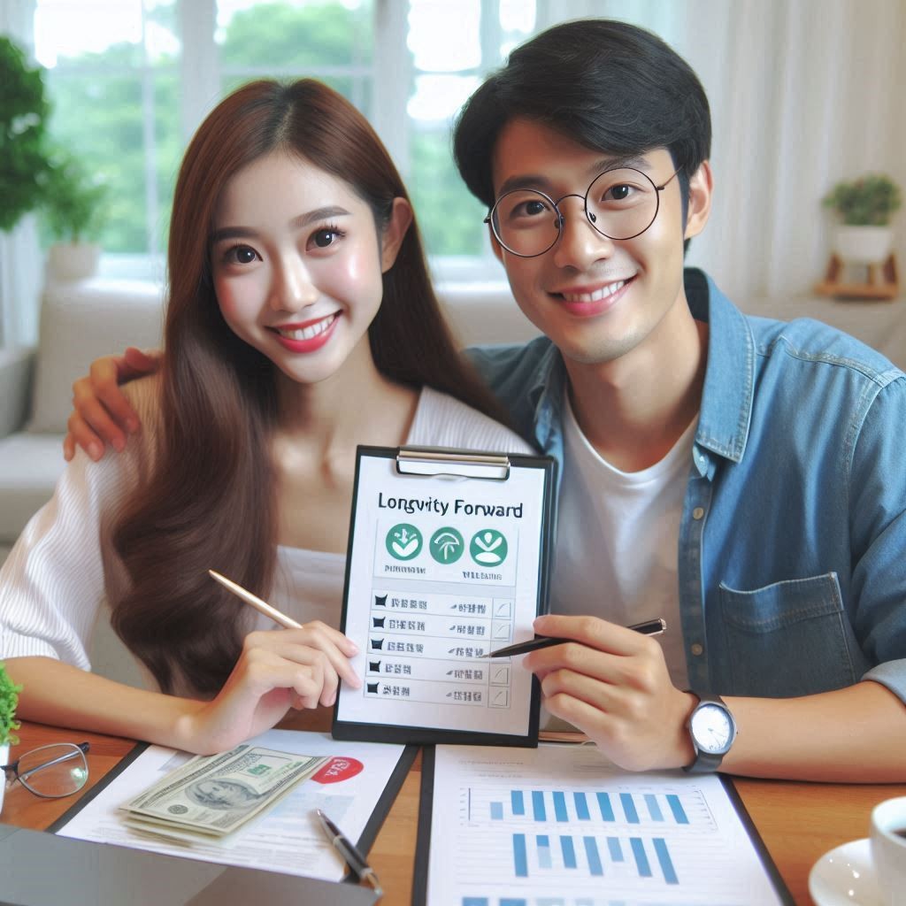 AI Version of a Young Asian Couple showing their Longevity Forward Planning Checklist